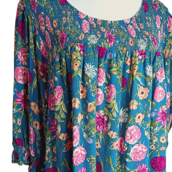 TERRA & SKY Floral Boho Top Blouse Plus 5X 32/34 Smocked Flowy Comfort Teal Pink - Picture 3 of 8